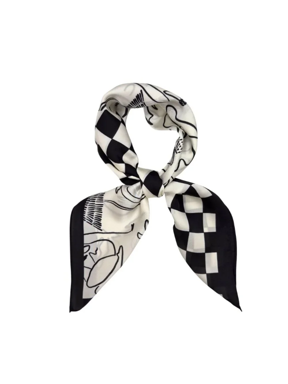 ⭐Luxury Silky Square Scarf Bandana Abstract Checkered BLACK WHITE Modern Art New